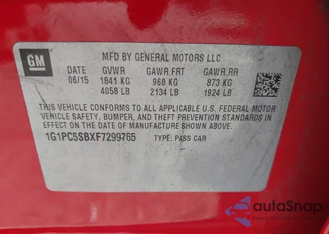 2015 Chevrolet Cruze 1Lt Auto z USA, uszkodzony, nr VIN 1G1PC5SBXF7299765